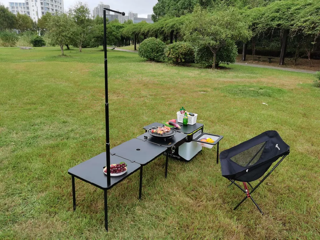 Outdoor Integrated Camping BBQ Iron Grill Table Folding Kitchen Dining Table