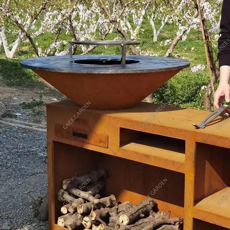Corten Steel BBQ Fire Pit with Log Store for Garden Outdoor