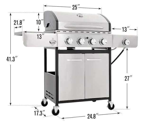 4-Burner Propane Gas Grill with Side Burner and Porcelain-Enameled Cast Iron Grates 42, 000BTU Outdoor Cooking Stainless Steel BBQ Grills, Silver